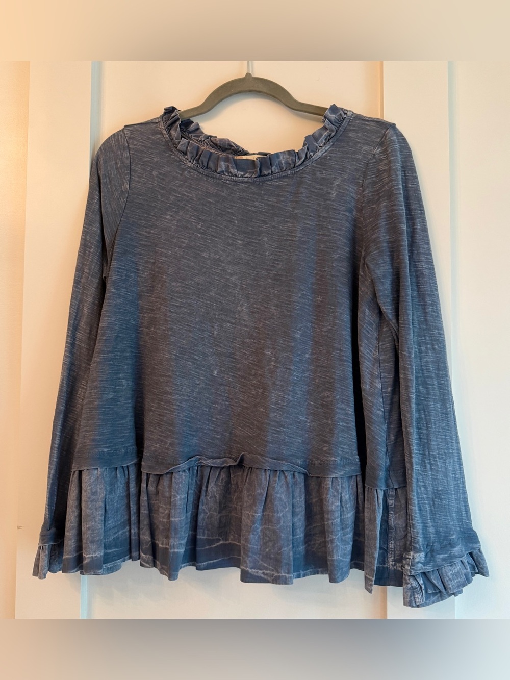 Altar'd State Blue Ruffle Hem Long Sleeve Top